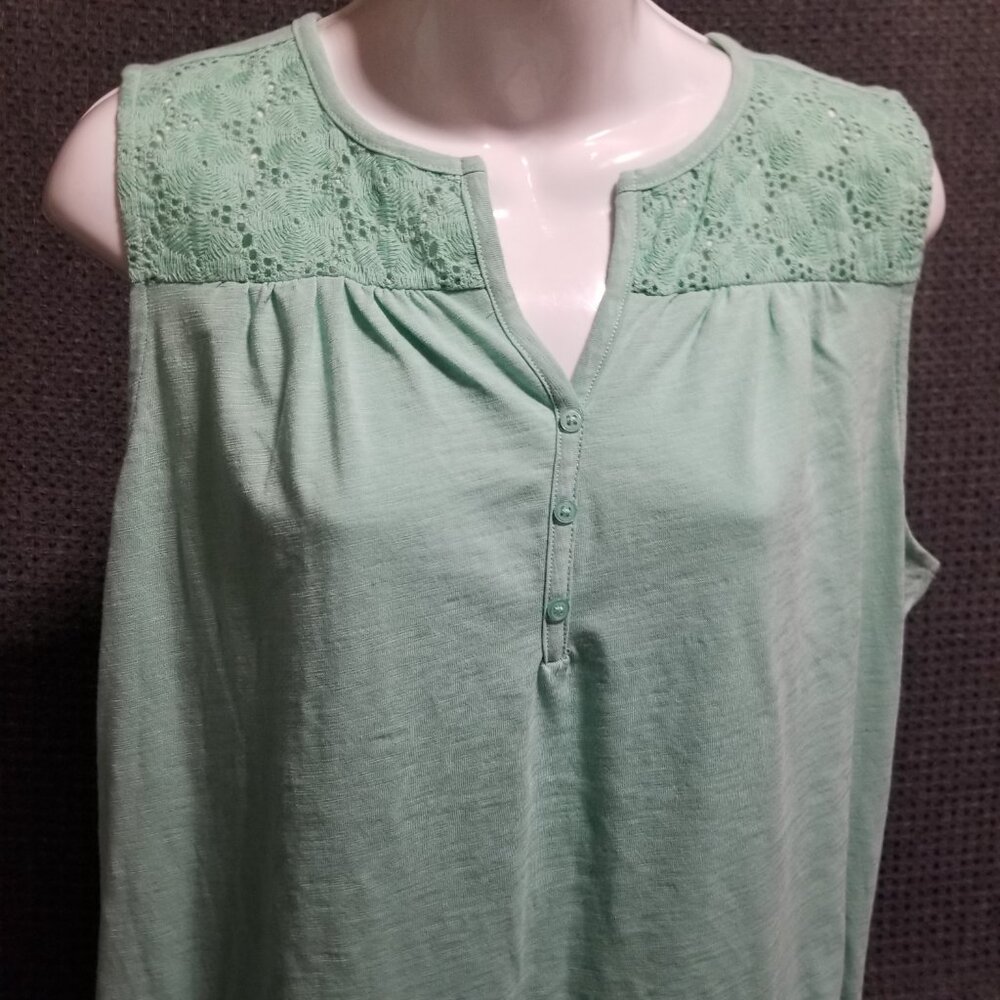 Como Vintage Blouse Green Sleeveless V Neck Lace Size Large